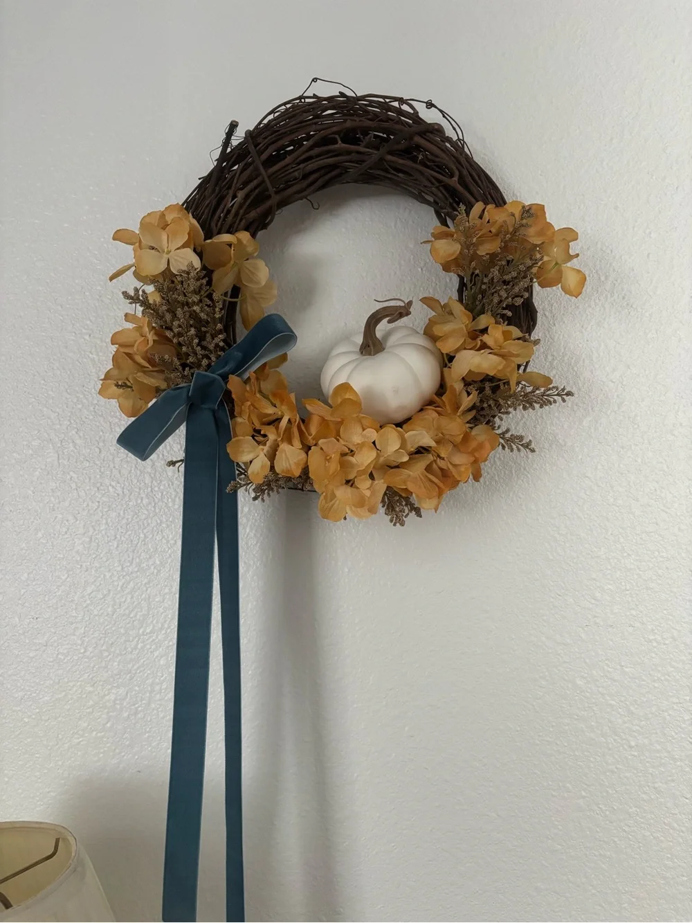 Autumn Hydrangeas Fall Harvest Wreath Pumpkin w/Blue Med Sized Custom Final Sale